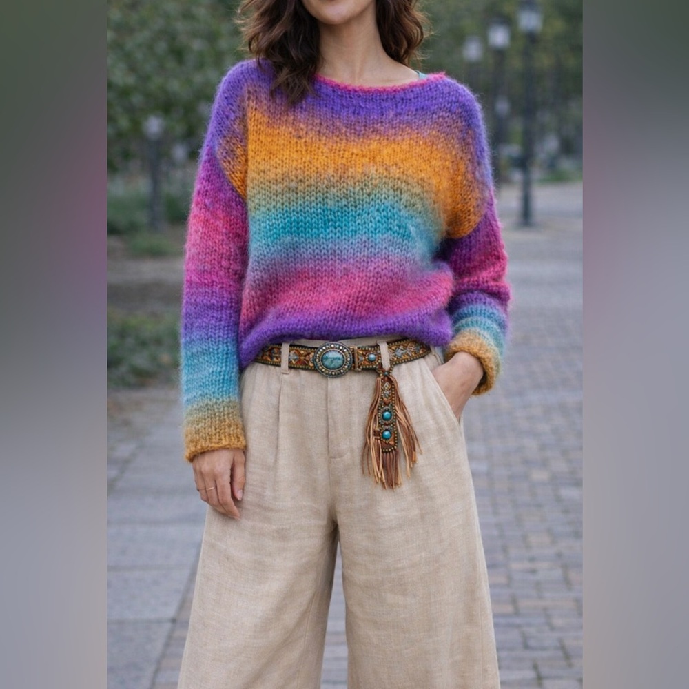 🧶 Hand Knitted Rainbow Sweater, size M
